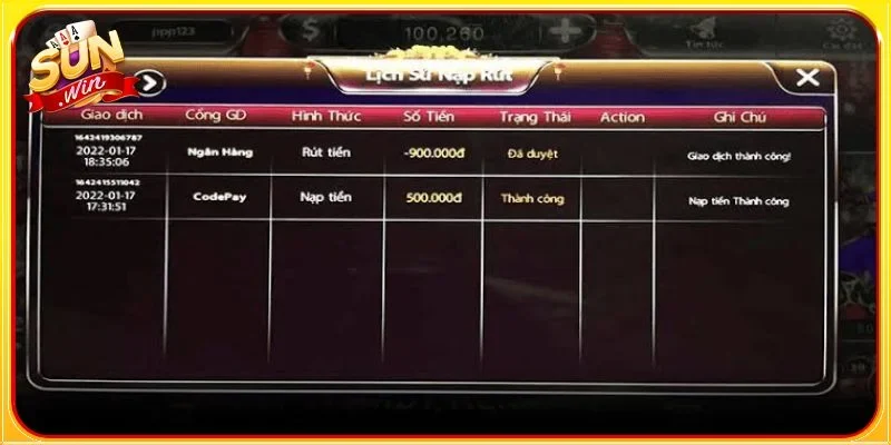SUNWIN có quy trình nạp rút đơn giản, nhanh gọn